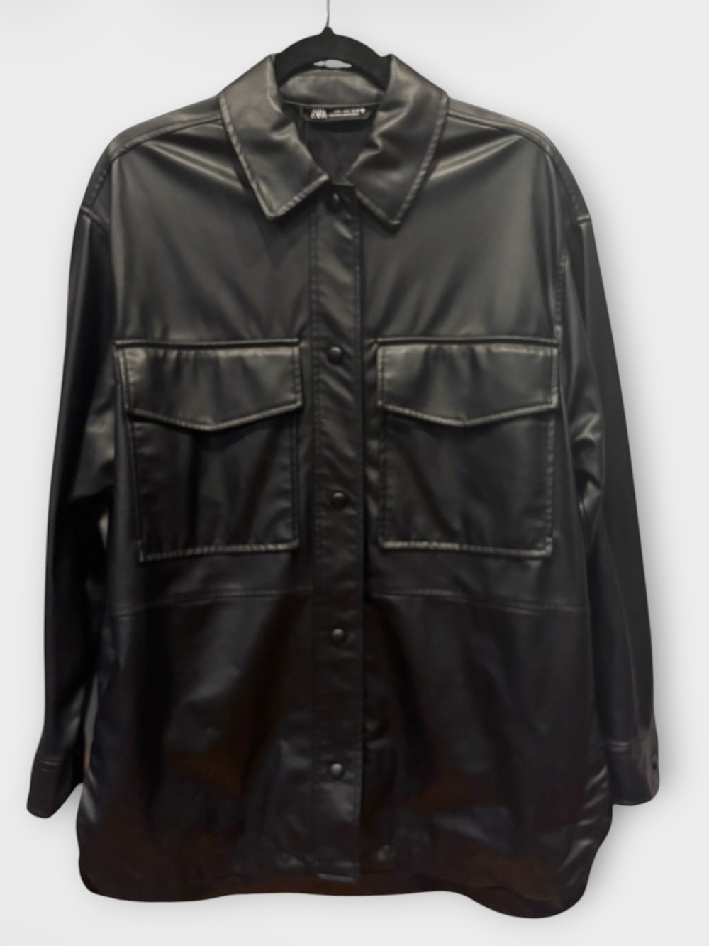 ZARA Unisex Faux Leather Shirt – Black Snap Button Overshirt